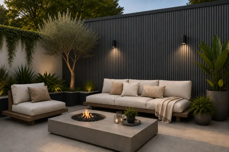 Lounge im Garten vor anthrazitfarbener WPC Wandverkleidung mit Wandleuchten am Abend